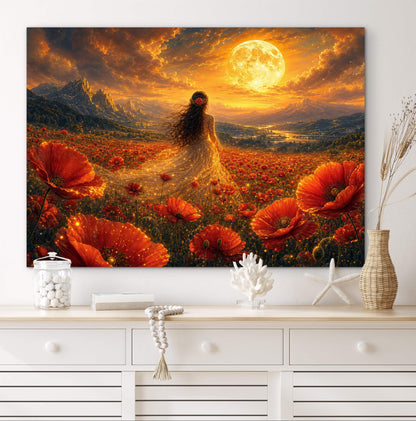 Framed Canvas - Vibrant Poppies Whimsical Full Moon Bride in Poppy Field, Wall Art Ready to hang Oil Painting Original Artwork Print