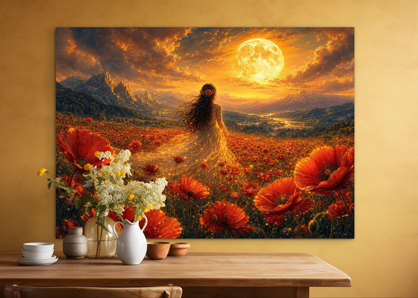 Framed Canvas - Vibrant Poppies Whimsical Full Moon Bride in Poppy Field, Wall Art Ready to hang Oil Painting Original Artwork Print