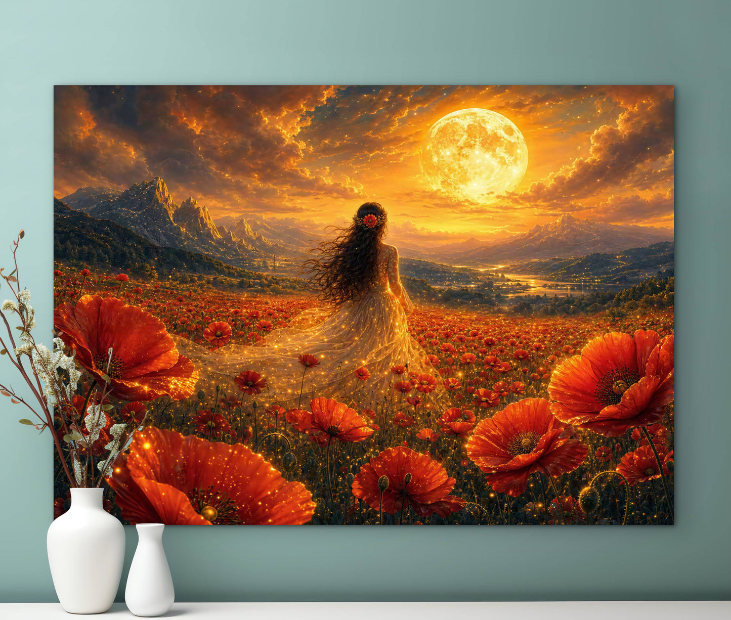 Framed Canvas - Vibrant Poppies Whimsical Full Moon Bride in Poppy Field, Wall Art Ready to hang Oil Painting Original Artwork Print
