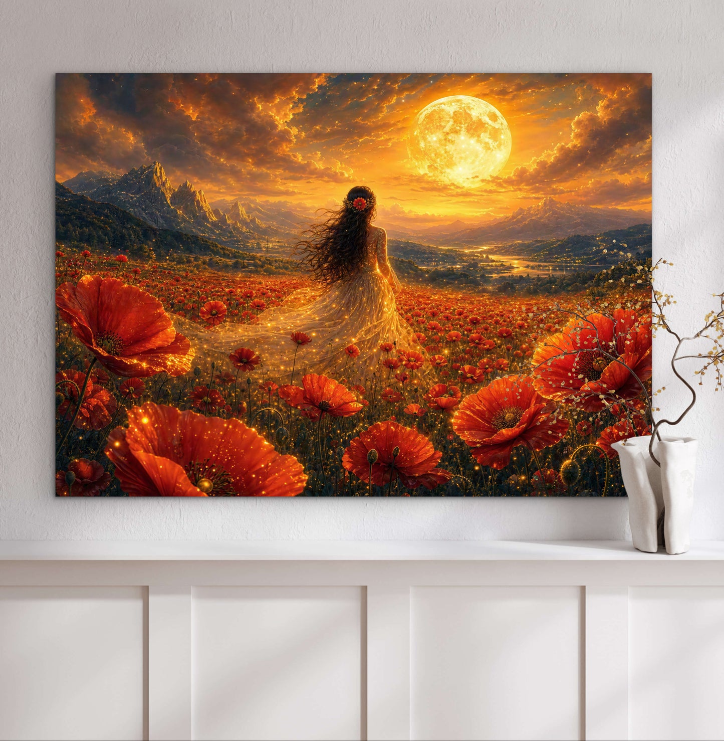 Framed Canvas - Vibrant Poppies Whimsical Full Moon Bride in Poppy Field, Wall Art Ready to hang Oil Painting Original Artwork Print