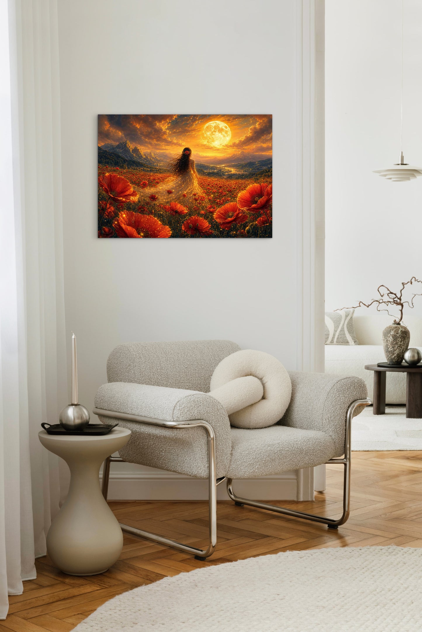 Framed Canvas - Vibrant Poppies Whimsical Full Moon Bride in Poppy Field, Wall Art Ready to hang Oil Painting Original Artwork Print
