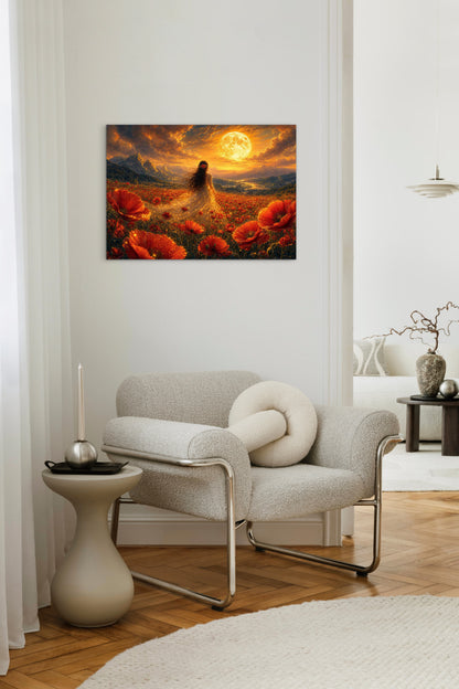 Framed Canvas - Vibrant Poppies Whimsical Full Moon Bride in Poppy Field, Wall Art Ready to hang Oil Painting Original Artwork Print