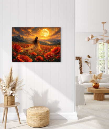 Framed Canvas - Vibrant Poppies Whimsical Full Moon Bride in Poppy Field, Wall Art Ready to hang Oil Painting Original Artwork Print