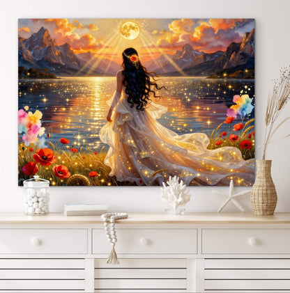 Fantasy portrait Beautiful bride by the lake, full moon floral, poppies flowers , whimsical lights and night sky