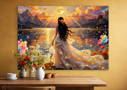 Fantasy portrait Beautiful bride by the lake, full moon floral, poppies flowers , whimsical lights and night sky