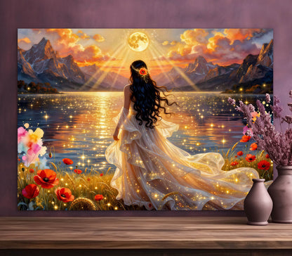 Fantasy portrait Beautiful bride by the lake, full moon floral, poppies flowers , whimsical lights and night sky