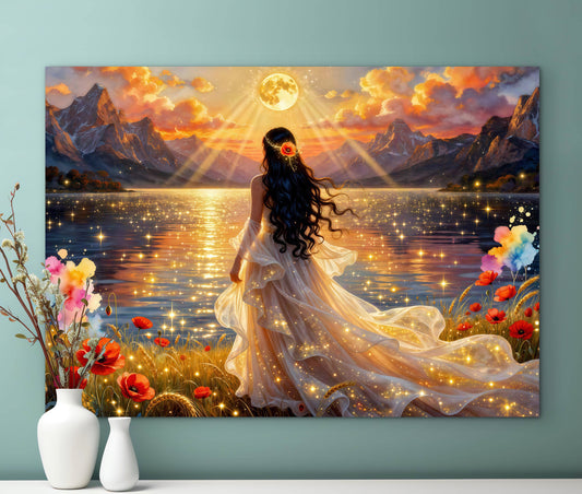 Fantasy portrait Beautiful bride by the lake, full moon floral, poppies flowers , whimsical lights and night sky