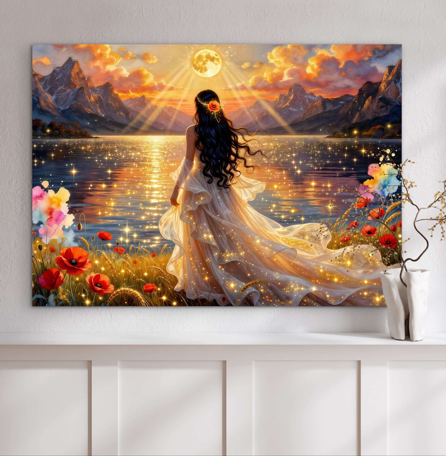 Fantasy portrait Beautiful bride by the lake, full moon floral, poppies flowers , whimsical lights and night sky