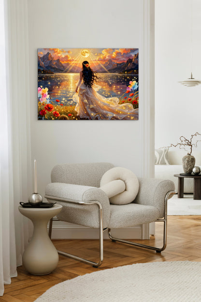 Fantasy portrait Beautiful bride by the lake, full moon floral, poppies flowers , whimsical lights and night sky