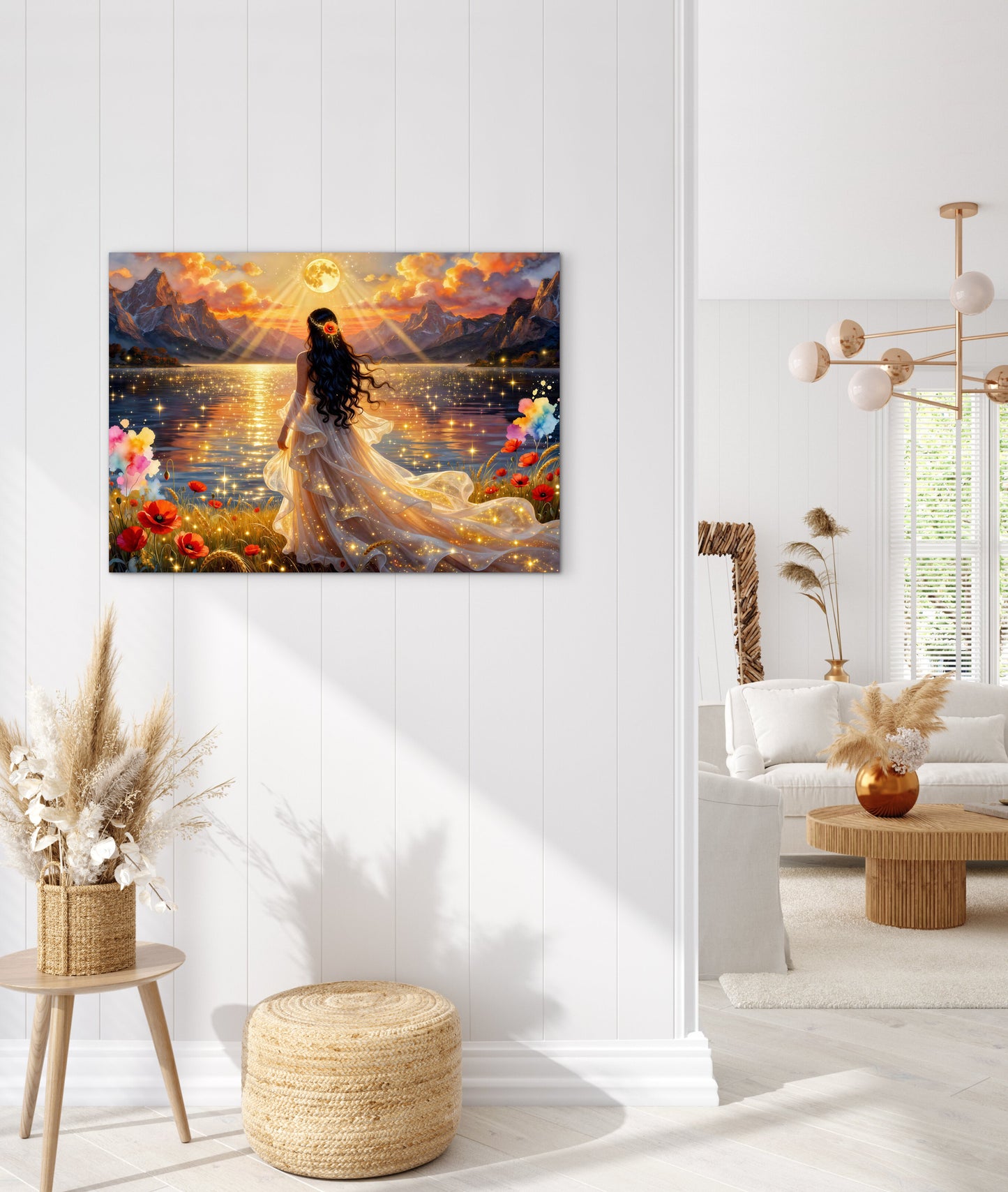 Fantasy portrait Beautiful bride by the lake, full moon floral, poppies flowers , whimsical lights and night sky