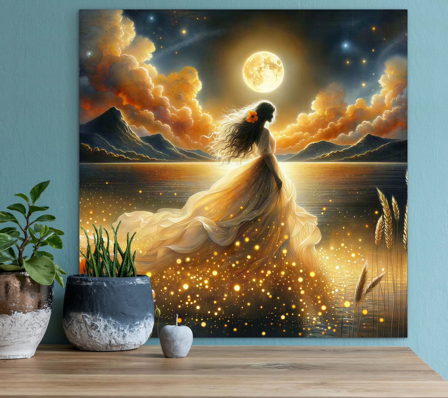Abstract beautiful bride woman portrait, gold full moon, whimsical night sky, fantasy wall art, poppies, floral