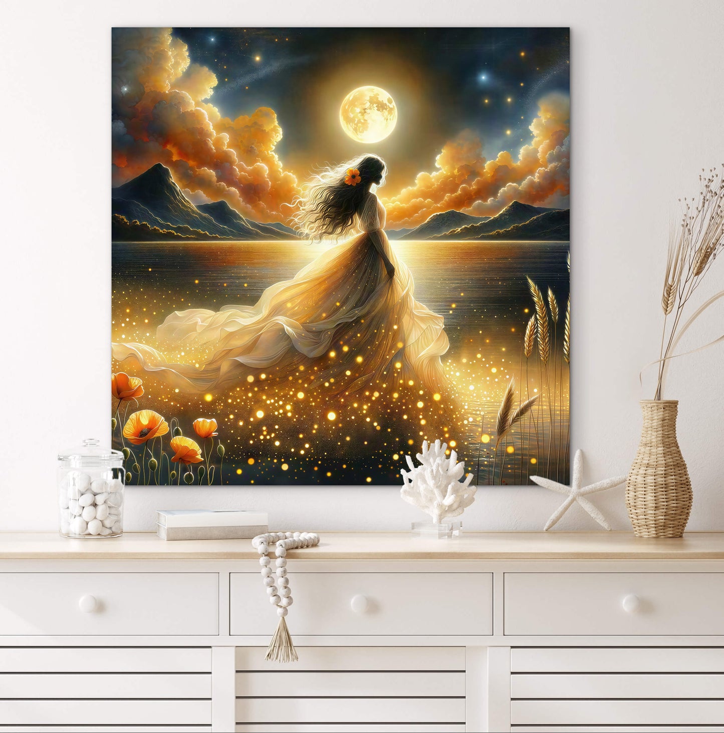 Abstract beautiful bride woman portrait, gold full moon, whimsical night sky, fantasy wall art, poppies, floral