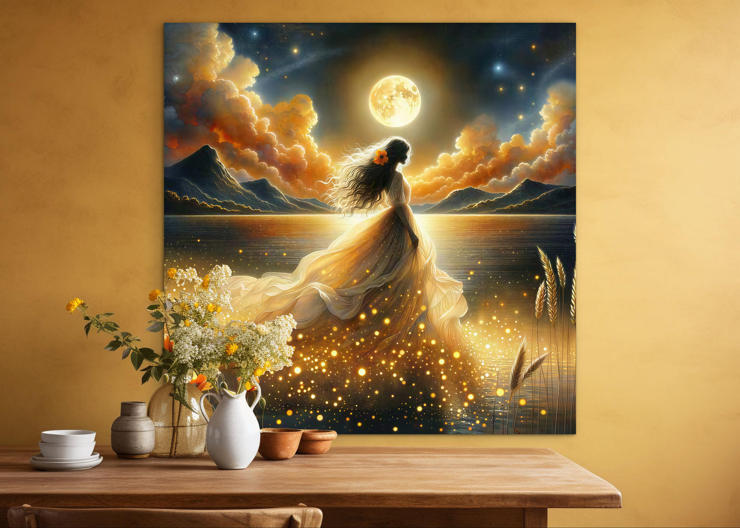 Abstract beautiful bride woman portrait, gold full moon, whimsical night sky, fantasy wall art, poppies, floral