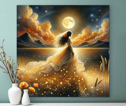 Abstract beautiful bride woman portrait, gold full moon, whimsical night sky, fantasy wall art, poppies, floral