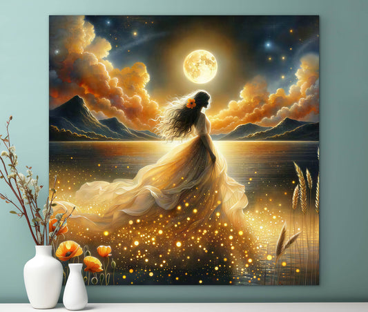 Abstract beautiful bride woman portrait, gold full moon, whimsical night sky, fantasy wall art, poppies, floral