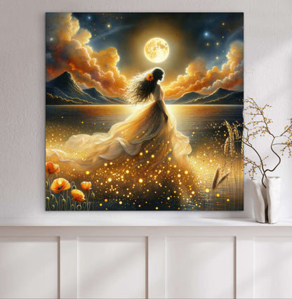Abstract beautiful bride woman portrait, gold full moon, whimsical night sky, fantasy wall art, poppies, floral