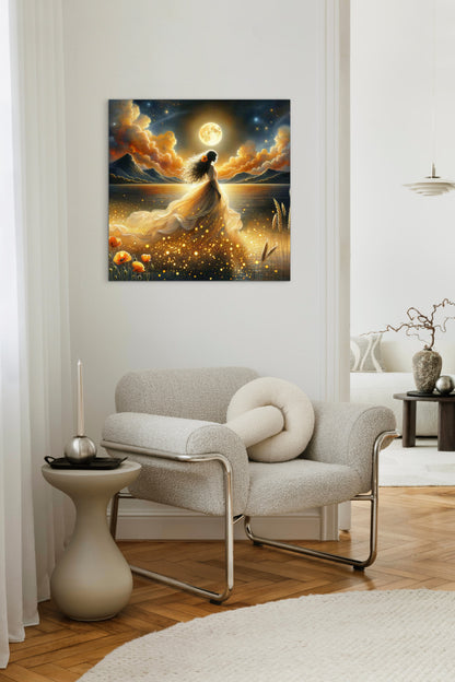 Abstract beautiful bride woman portrait, gold full moon, whimsical night sky, fantasy wall art, poppies, floral