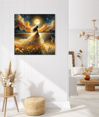 Abstract beautiful bride woman portrait, gold full moon, whimsical night sky, fantasy wall art, poppies, floral