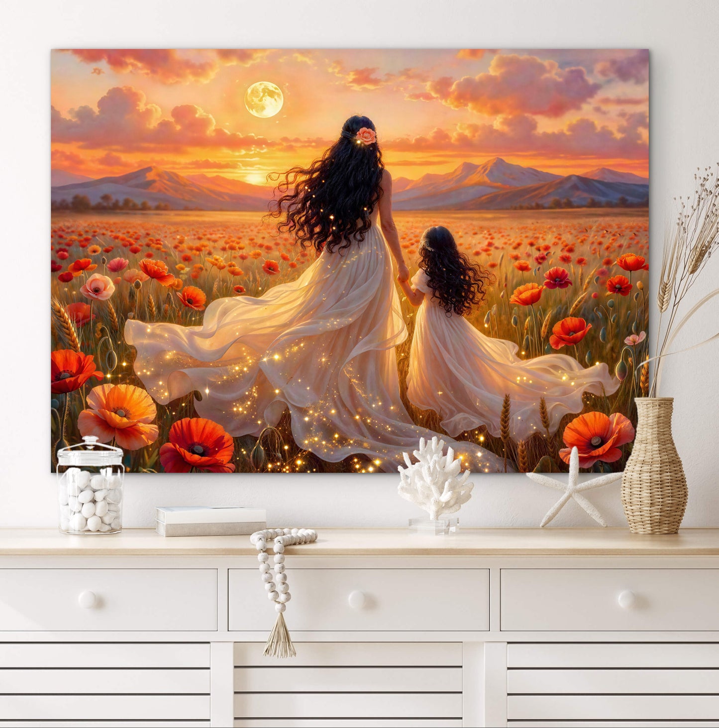 Framed canvas-Abstract portrait mother and daughter ,poppy field, Beautiful Sunset , white dresses wedding celebration