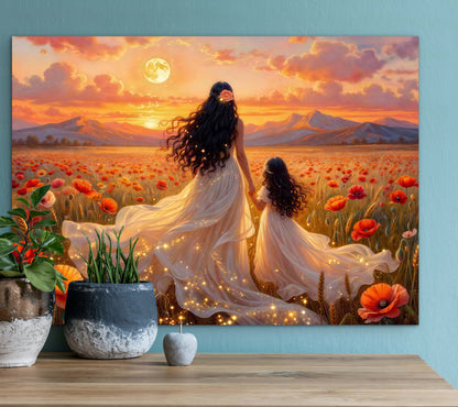 Framed canvas-Abstract portrait mother and daughter ,poppy field, Beautiful Sunset , white dresses wedding celebration