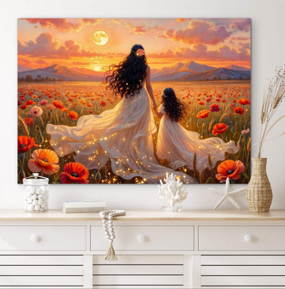 Framed canvas-Abstract portrait mother and daughter ,poppy field, Beautiful Sunset , white dresses wedding celebration
