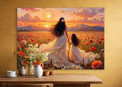Framed canvas-Abstract portrait mother and daughter ,poppy field, Beautiful Sunset , white dresses wedding celebration