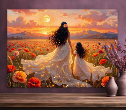Framed canvas-Abstract portrait mother and daughter ,poppy field, Beautiful Sunset , white dresses wedding celebration