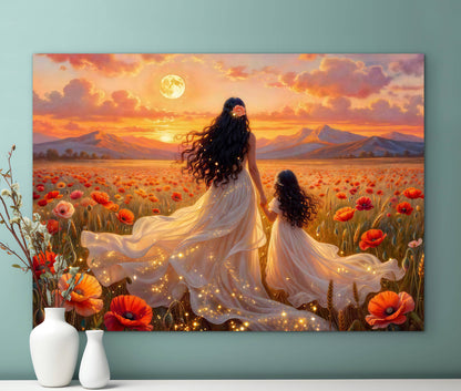 Framed canvas-Abstract portrait mother and daughter ,poppy field, Beautiful Sunset , white dresses wedding celebration