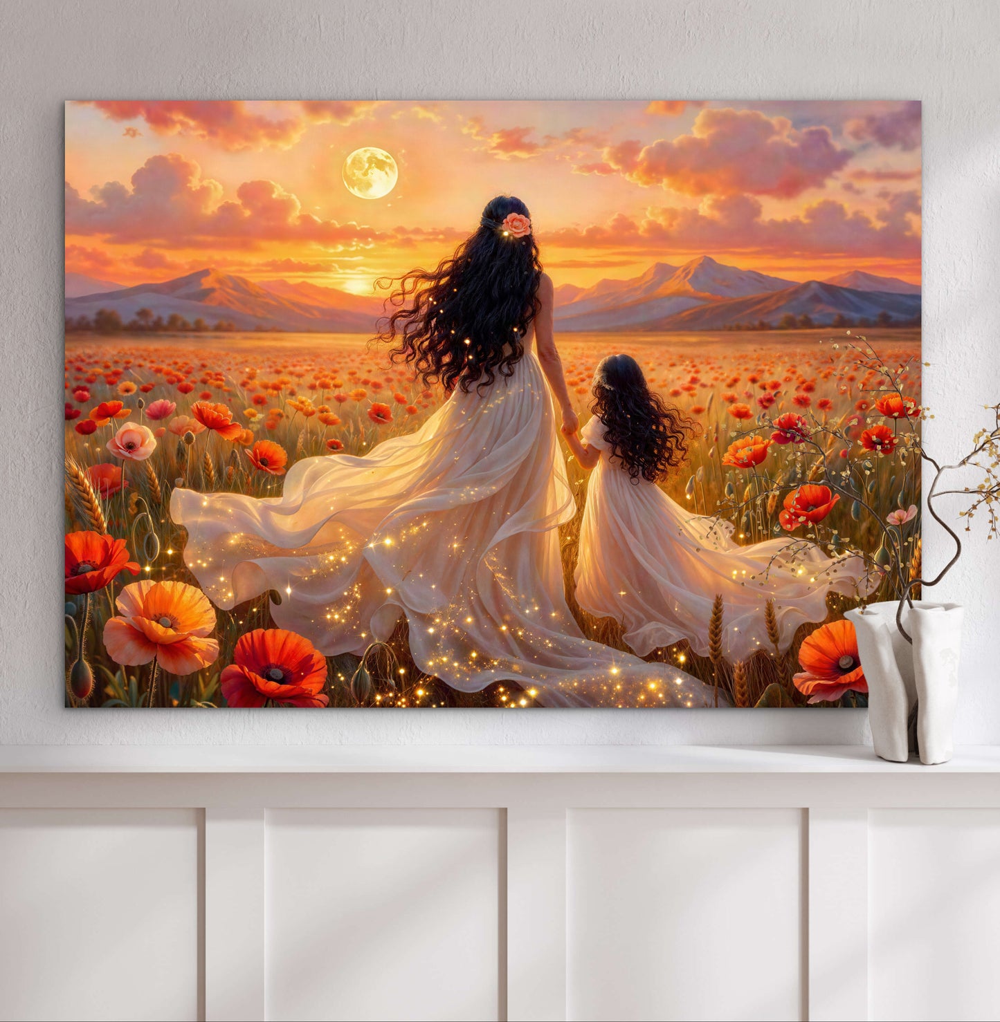 Framed canvas-Abstract portrait mother and daughter ,poppy field, Beautiful Sunset , white dresses wedding celebration