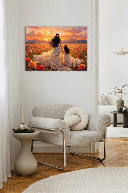 Framed canvas-Abstract portrait mother and daughter ,poppy field, Beautiful Sunset , white dresses wedding celebration