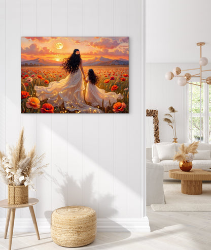 Framed canvas-Abstract portrait mother and daughter ,poppy field, Beautiful Sunset , white dresses wedding celebration
