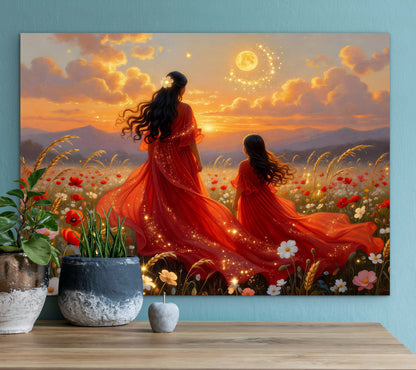 Wildflowers Abstract mother and daughter portrait beautiful sunset painting , wall art print