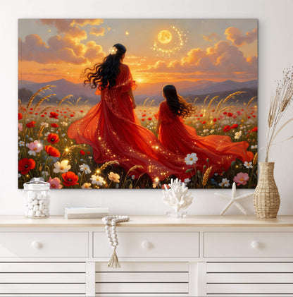 Wildflowers Abstract mother and daughter portrait beautiful sunset painting , wall art print