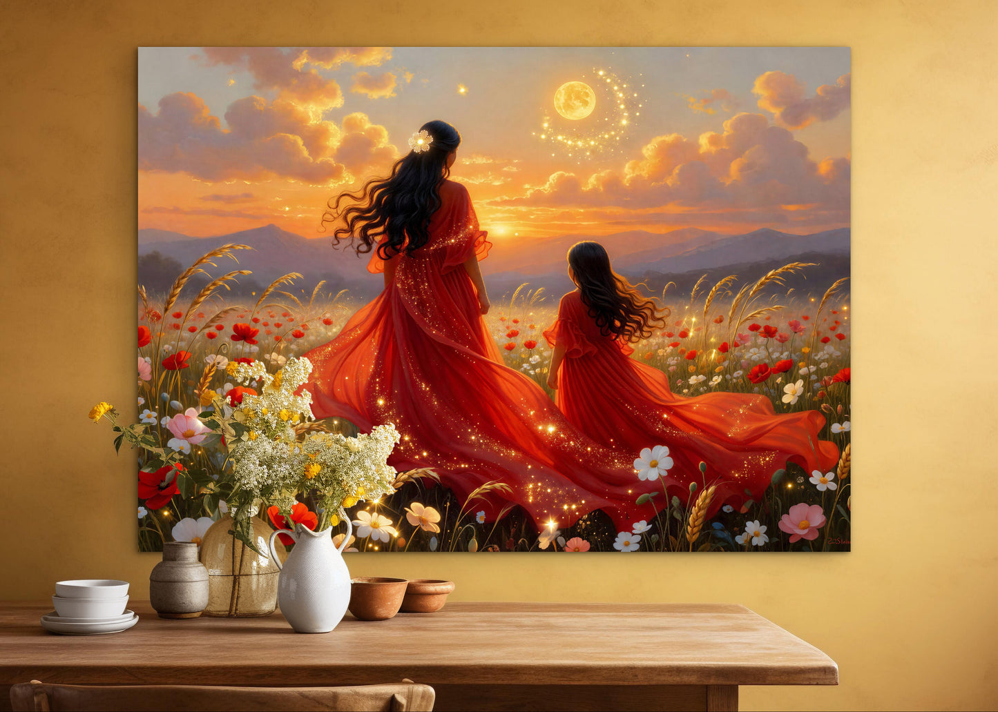 Wildflowers Abstract mother and daughter portrait beautiful sunset painting , wall art print