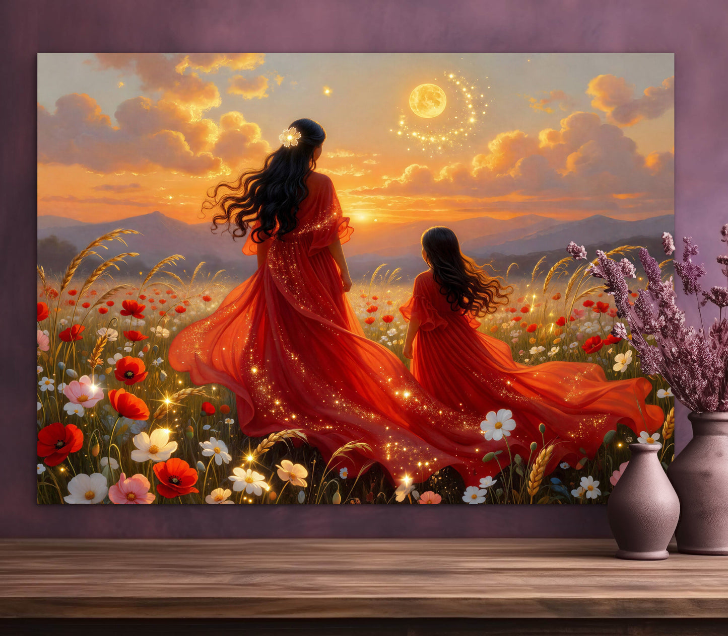 Wildflowers Abstract mother and daughter portrait beautiful sunset painting , wall art print