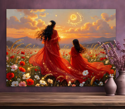 Wildflowers Abstract mother and daughter portrait beautiful sunset painting , wall art print