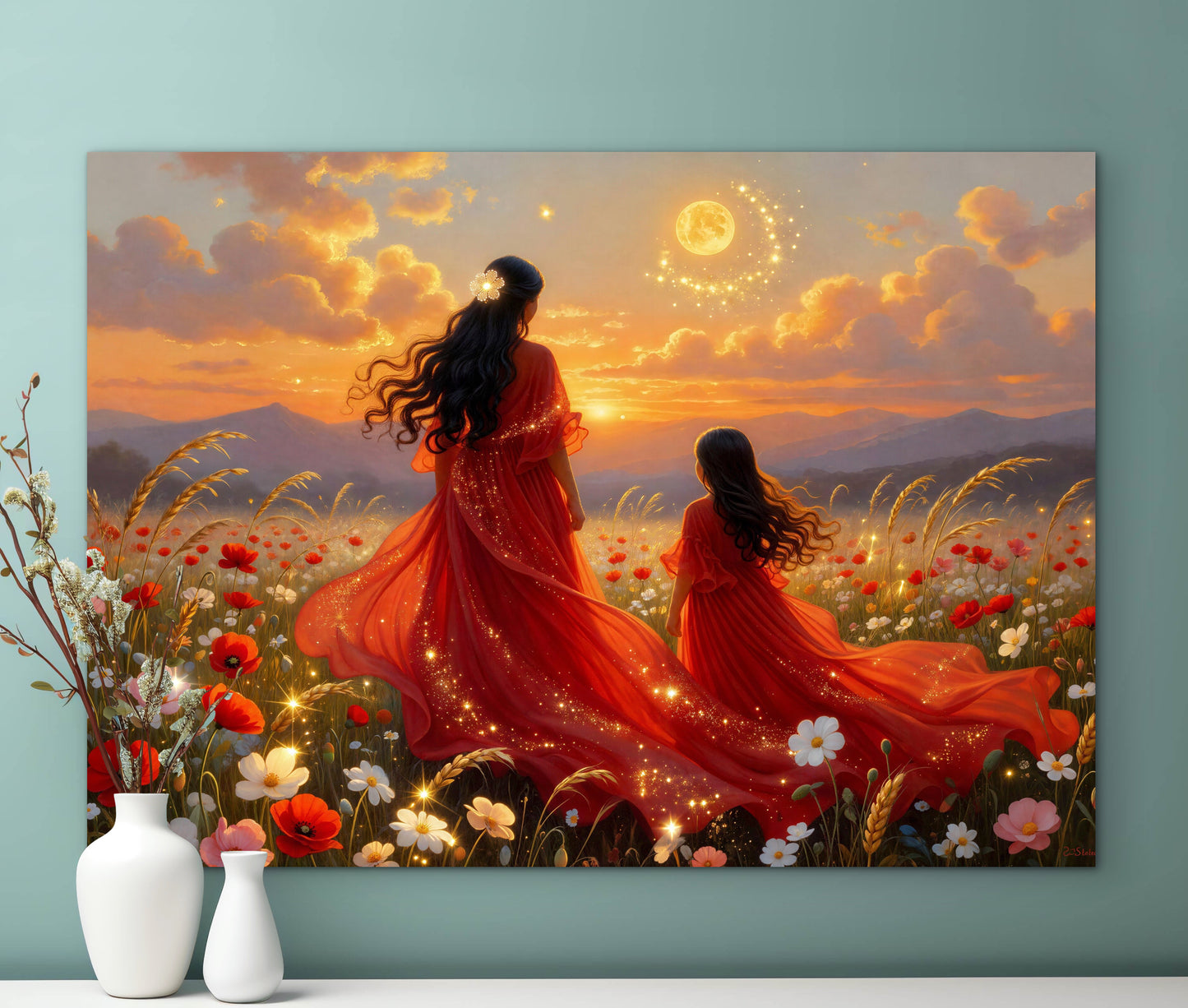 Wildflowers Abstract mother and daughter portrait beautiful sunset painting , wall art print