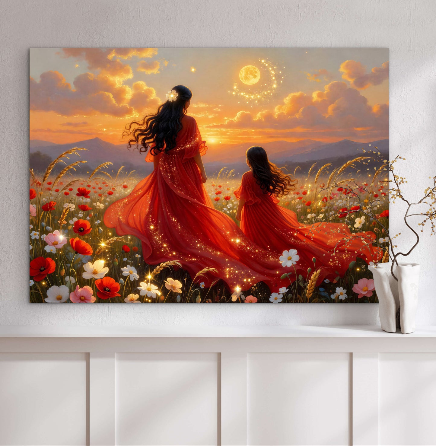 Wildflowers Abstract mother and daughter portrait beautiful sunset painting , wall art print