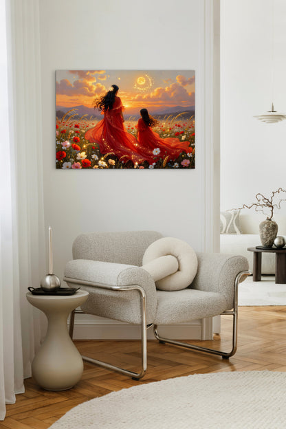 Wildflowers Abstract mother and daughter portrait beautiful sunset painting , wall art print