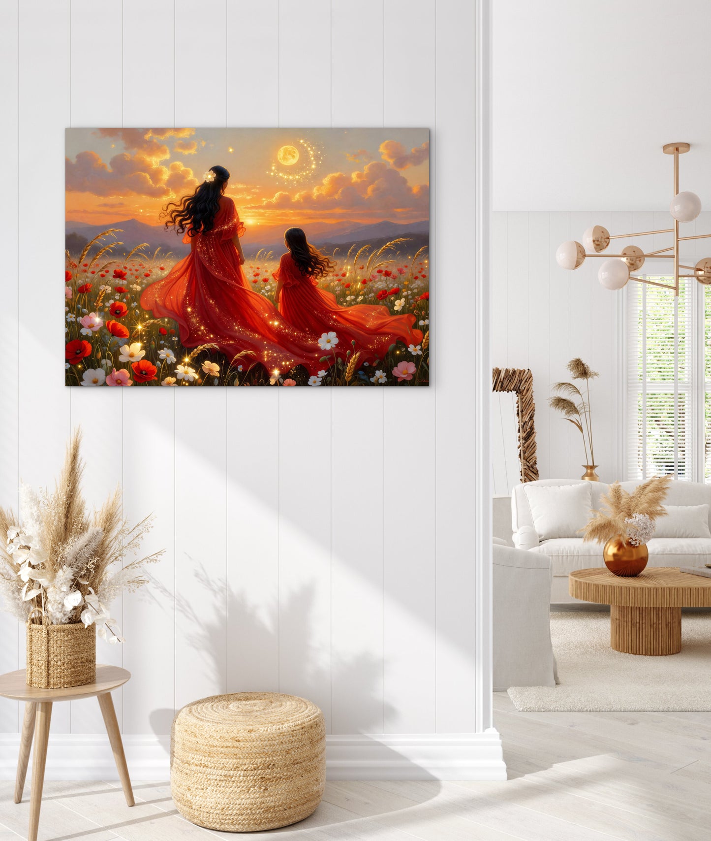 Wildflowers Abstract mother and daughter portrait beautiful sunset painting , wall art print