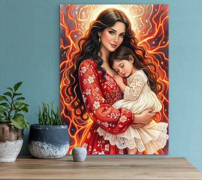 Framed Canvas- Vibrant colours abstract mother daughter portrait wall art print, original artwork, mother and baby girl, mothers day gift