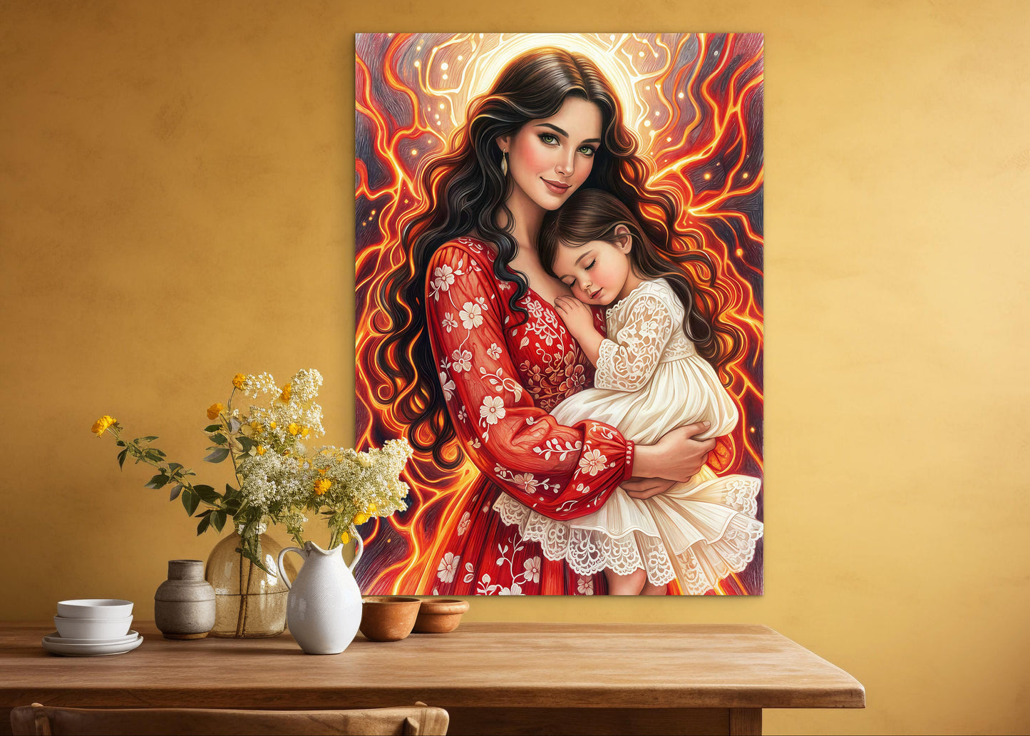 Framed Canvas- Vibrant colours abstract mother daughter portrait wall art print, original artwork, mother and baby girl, mothers day gift