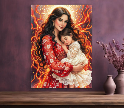 Framed Canvas- Vibrant colours abstract mother daughter portrait wall art print, original artwork, mother and baby girl, mothers day gift