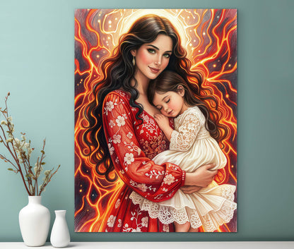 Framed Canvas- Vibrant colours abstract mother daughter portrait wall art print, original artwork, mother and baby girl, mothers day gift