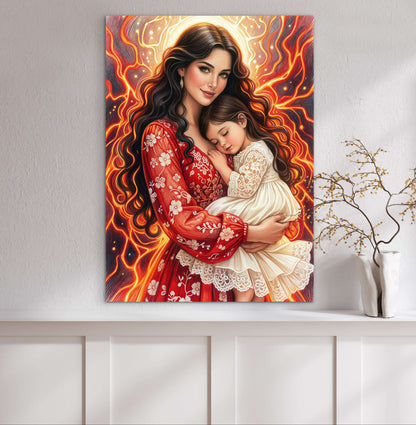 Framed Canvas- Vibrant colours abstract mother daughter portrait wall art print, original artwork, mother and baby girl, mothers day gift