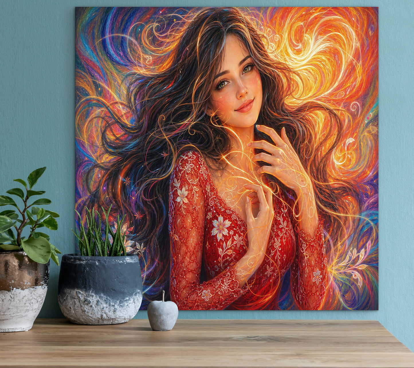 Framed canvas- vibrant colours abstract portrait beautiful brunette girl original artwork, dark hair beautiful woman, artistic colourful drawing unique print wall art