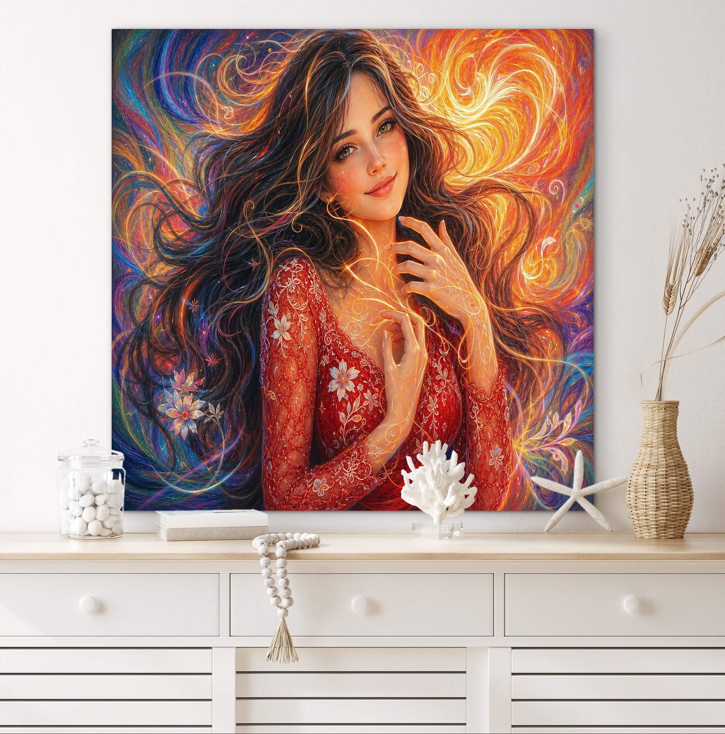 Framed canvas- vibrant colours abstract portrait beautiful brunette girl original artwork, dark hair beautiful woman, artistic colourful drawing unique print wall art