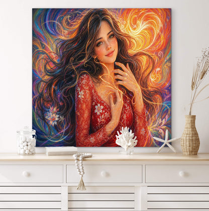Framed canvas- vibrant colours abstract portrait beautiful brunette girl original artwork, dark hair beautiful woman, artistic colourful drawing unique print wall art