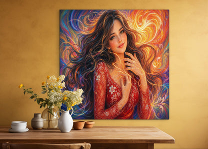 Framed canvas- vibrant colours abstract portrait beautiful brunette girl original artwork, dark hair beautiful woman, artistic colourful drawing unique print wall art