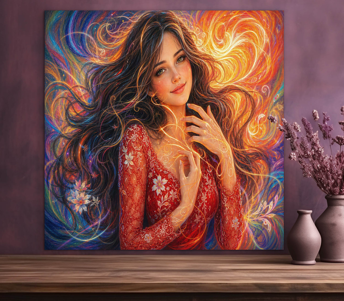 Framed canvas- vibrant colours abstract portrait beautiful brunette girl original artwork, dark hair beautiful woman, artistic colourful drawing unique print wall art